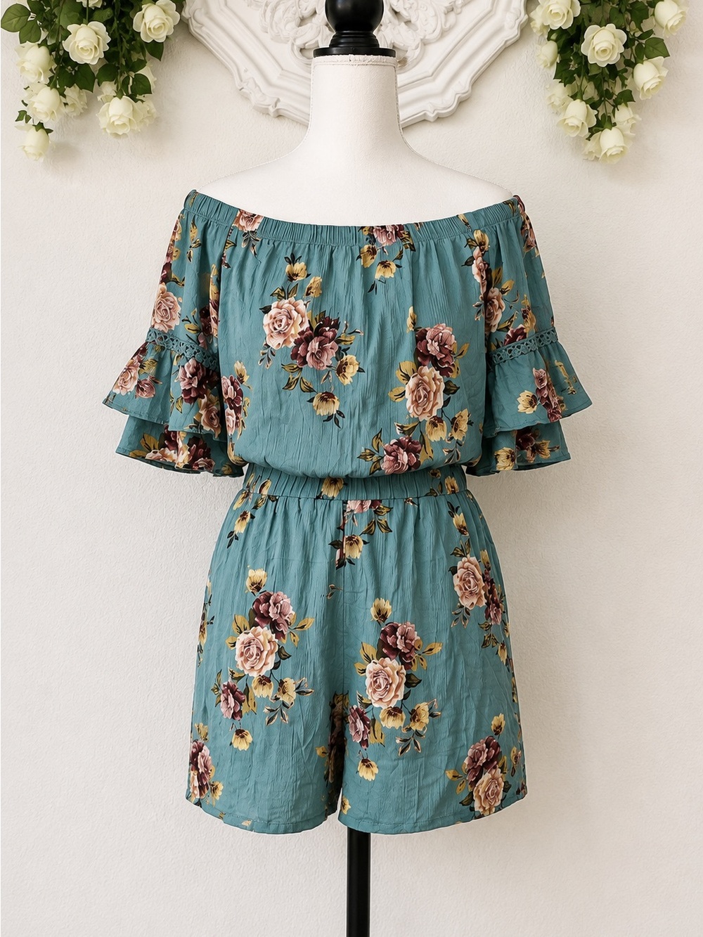 Xilaration • Teal Floral Off Shoulder Ruffle Sleeve Romper